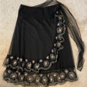 Odille Black Pink Embellished Wrap Midi Skirt